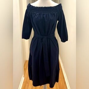Banana Republic, Off-Shoulder Navy Cotton Midi Dress with Tie Belt, Size S